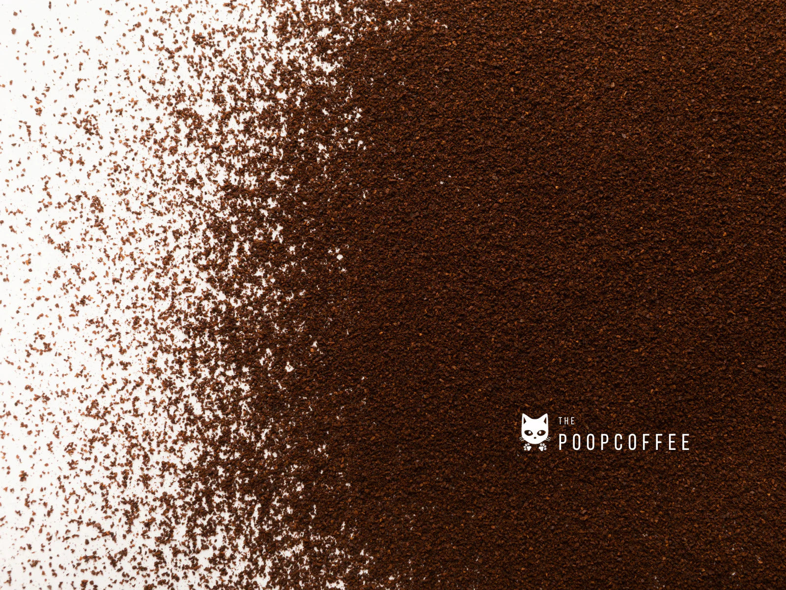 Artisan coffee grounds displaying varying textures from coarse to fine with The Poop Coffee branding, representing sustainable weasel coffee that captures traditional kopi luwak flavour profile.