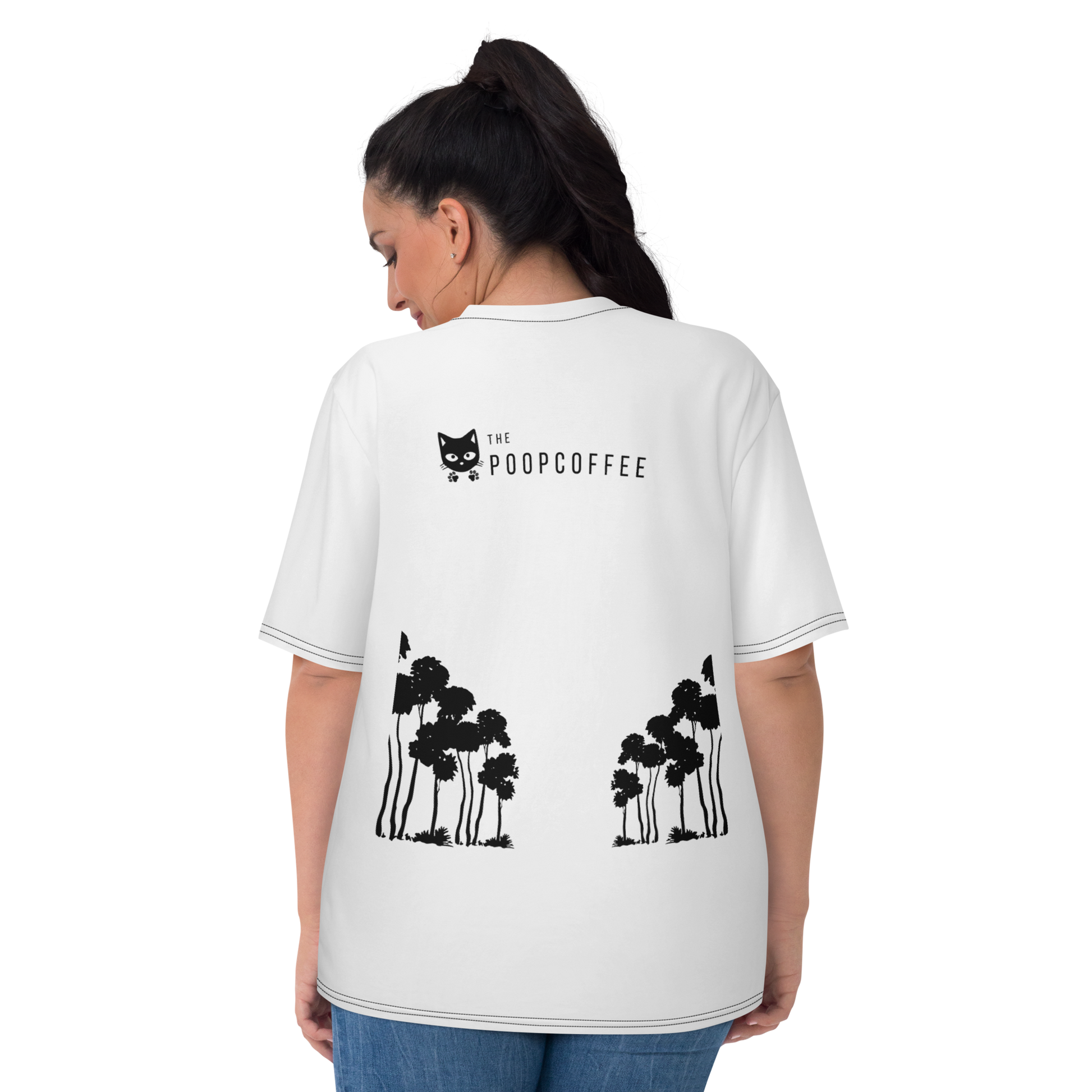Back view of women's white t-shirt showcasing The Poop Coffee brand identity with distinctive cat mascot and symmetrical black tree designs, celebrating ethical wild weasel coffee and premium coffee culture.