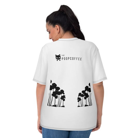 Back view of women's white t-shirt showcasing The Poop Coffee brand identity with distinctive cat mascot and symmetrical black tree designs, celebrating ethical wild weasel coffee and premium coffee culture.