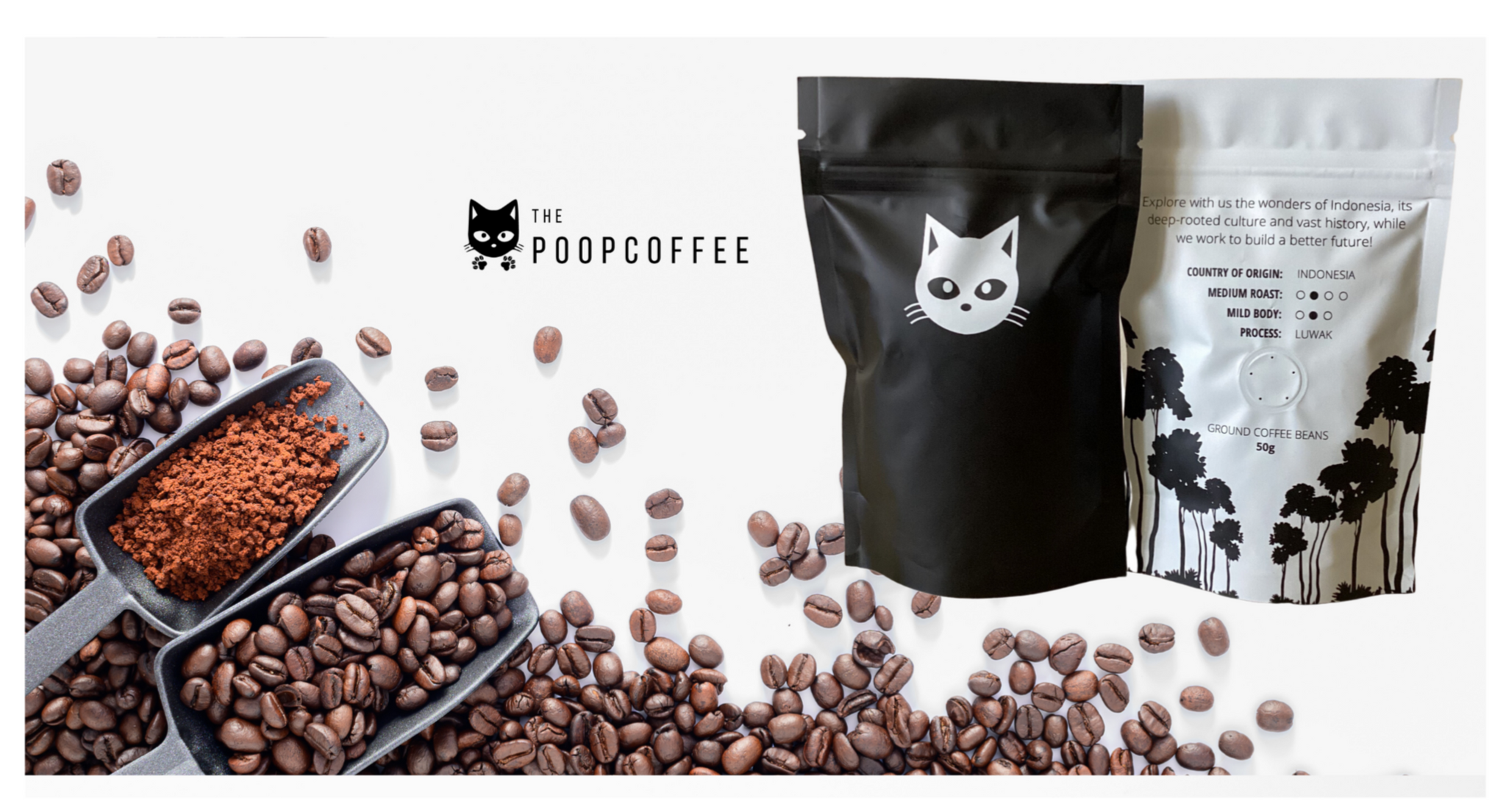 The Poop Coffee - Kopi Luwak Coffee Collection Image with Beans and Grounds next to Coffee Pouches