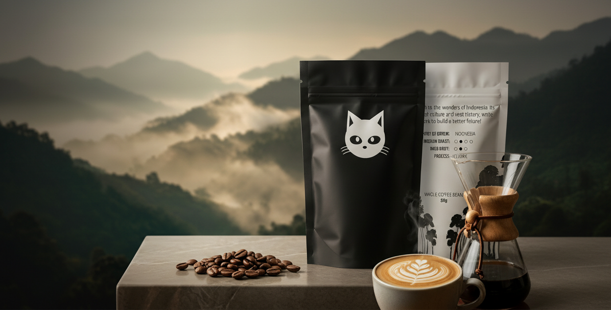 A matte black coffee bag with a white cat logo stands next to a white paper bag on a stone surface, with roasted coffee beans and a glass pour-over setup in front of a misty mountain landscape.